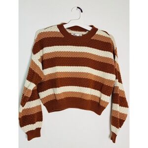 Hollister Striped Cropped Popcorn Knit Sweater Rust Brown Cream XS Drop Shoulder
